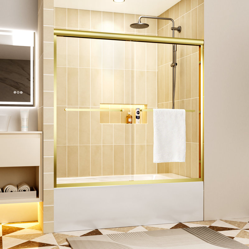 60 " X 57 " Aluminum Frame 1/4" Tempered Glass Double Sliding Bathtub Door Stainless Steel Handles, Gold, Clear, Gold