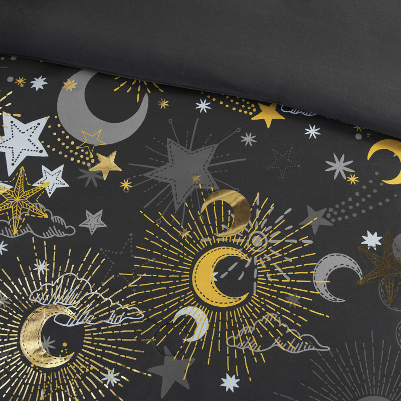 Celia Starry Sky Metallic Print 3-Piece Twin Comforter Set, Twin Comforter + 1 Sham + 1 Pillow, Charcoal/Gold