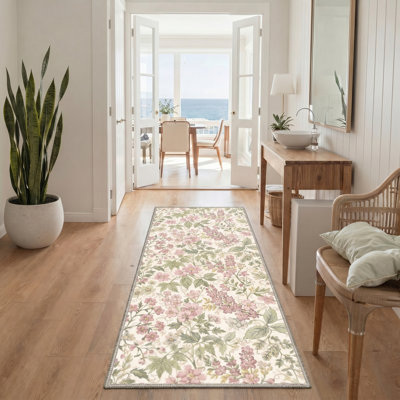  Tapis d'intérieur rose / beige / vert lavable à la machine Aura avec envers antidérapant