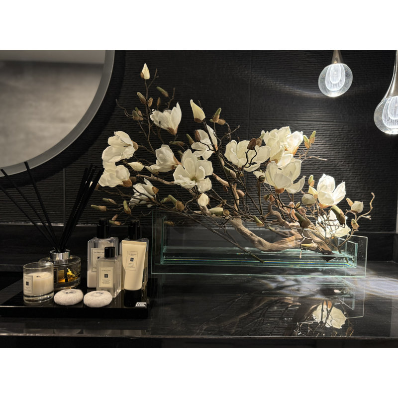 Sloped Glass Planter With White Magnolias