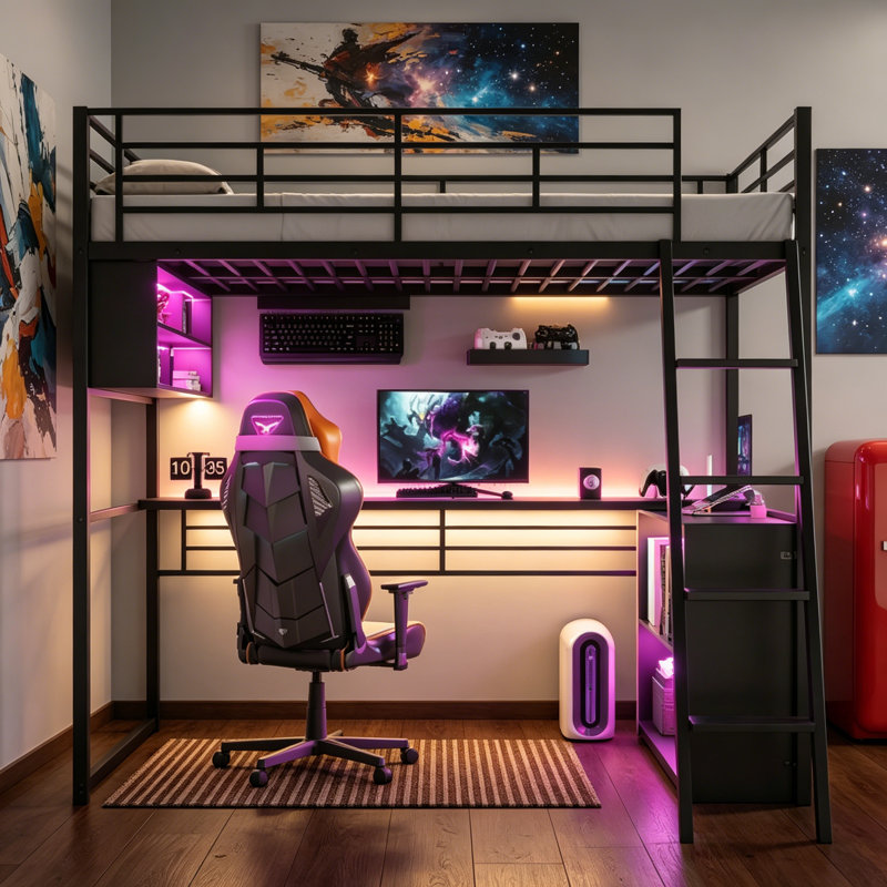 Lit mezzanine double en métal avec DEL, bureau et 4 tablettes de rangement, noir, Lit double