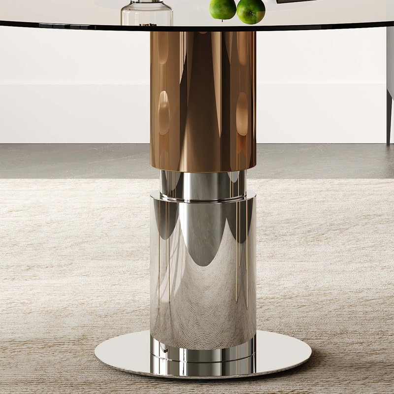 Table de salle à manger ronde moderne en verre avec plateau trempé et base en acier inoxydable