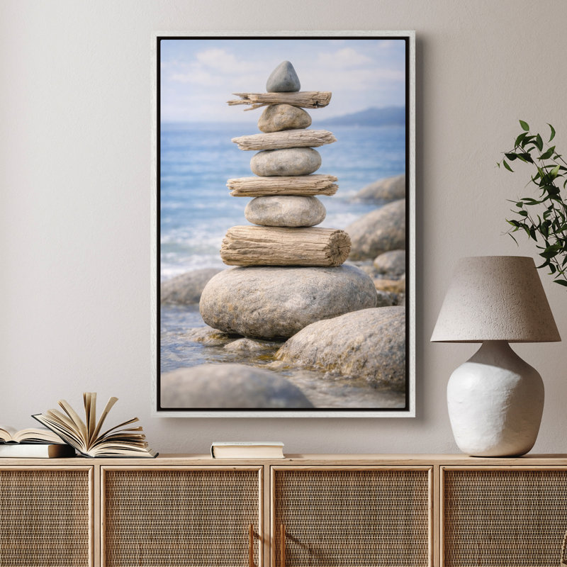 Art mural sur toile encadrée - pile de pierres zen côtières avec bois flottant sur la côte sereine de l'océan - 16 po x 24 po, 24 po x 36 po