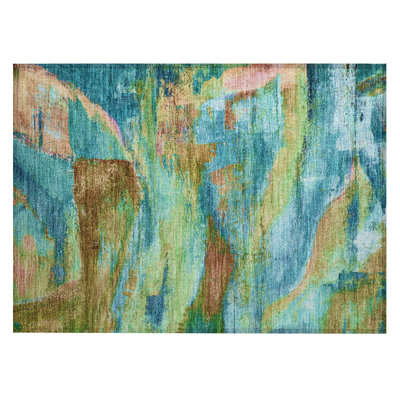 Machine Washable Indoor/Outdoor Xhevrie Teal Rug