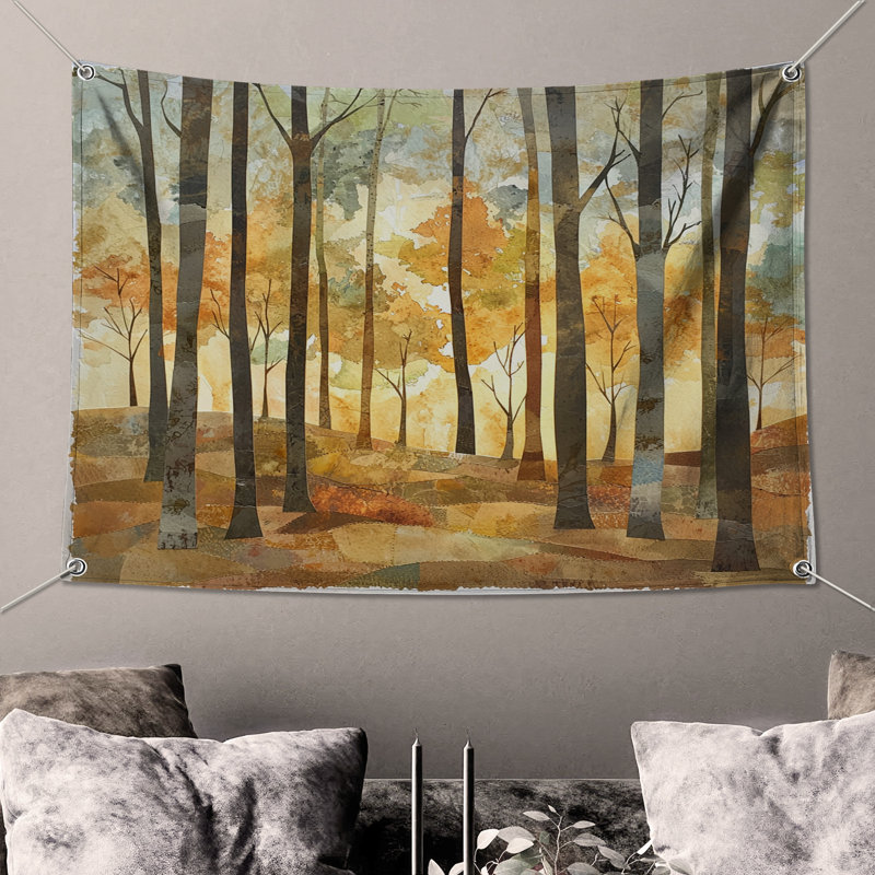 Autumn Forest Landscape Wall Tapestry - Forest Wall Decor, 68in H x80in W with 4 Grommets