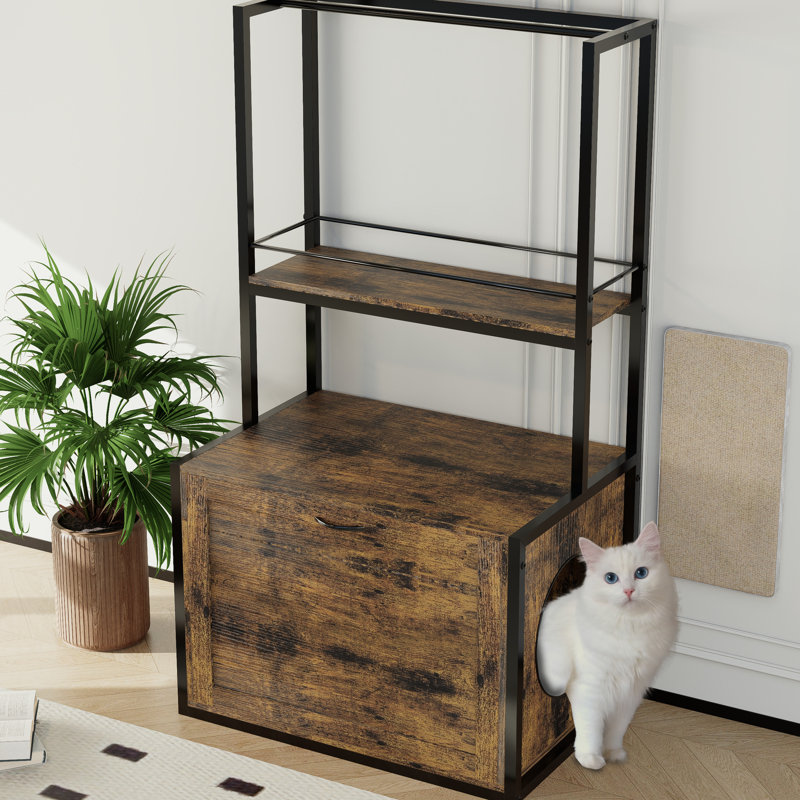 Meuble à litière moderne et rustique brun avec porte réversible et rangement extérieur très fonctionnel