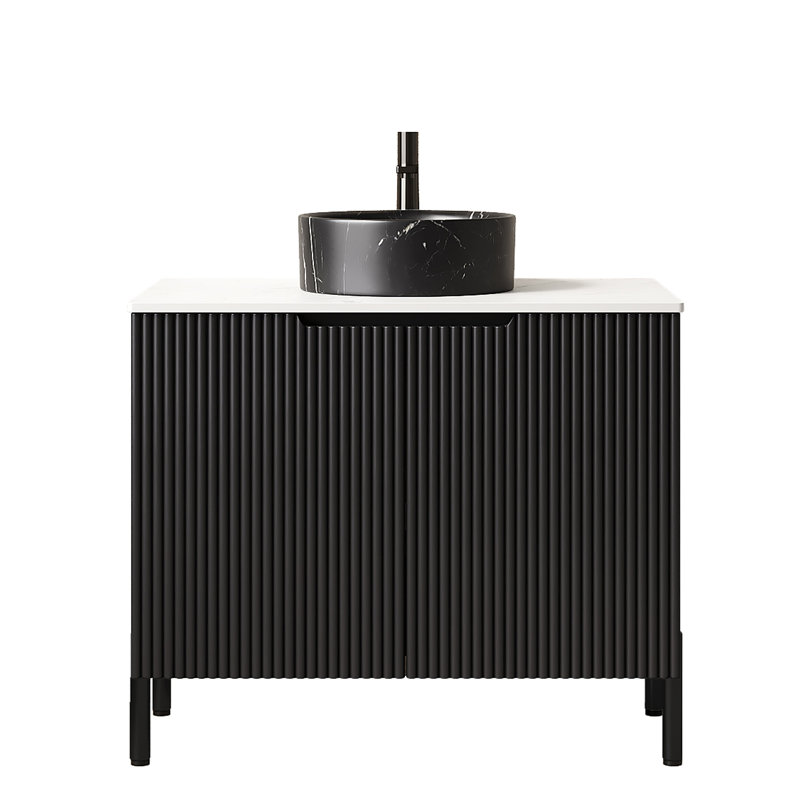Meuble-lavabo de salle de bain 30 po avec lavabo, meuble de rangement autoportant avec lavabo rond en céramique à 2 portes avec motif en pierre et comptoir en pierre frittée, sans robinet