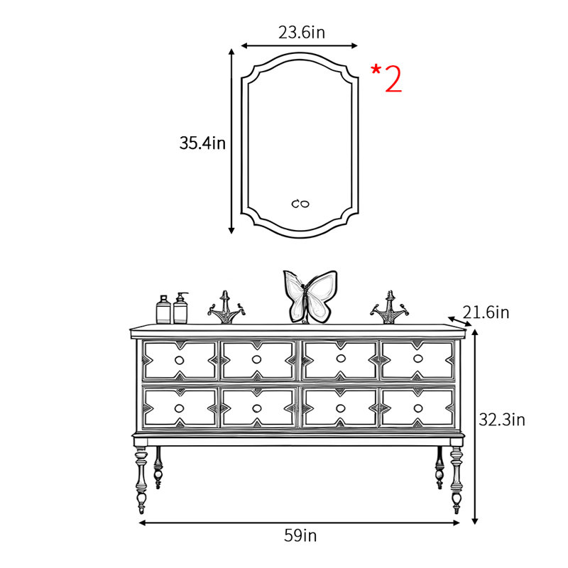 Armoire de salle de bain rétro française, H 32,3 po x l 59 po x P 21,6 po