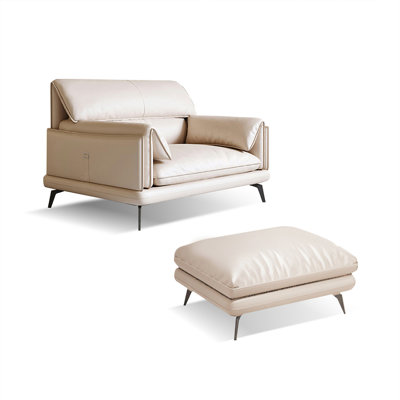 Beige Genuine Leather cushion Arm Chair with Ottoman