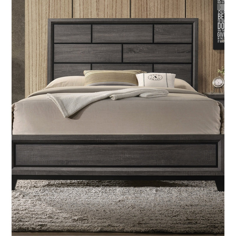 Lit pour chambre à coucher grand lit moderne, finition grise, tête de lit carrée, lit transitionnel en bois avec tête et cadre en contreplaqué