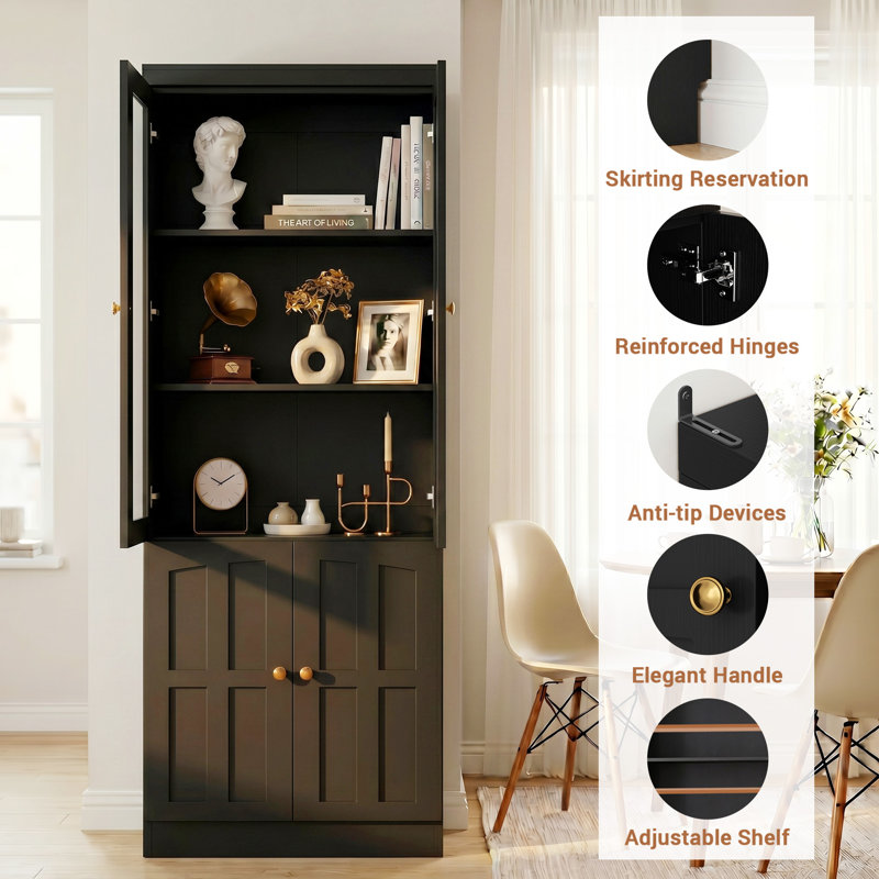 Modern Bookcase with Glass Doors and Thickened Top Panel, Black