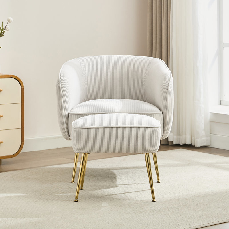 Yaneth 28.3'' Wide Corduroy Accent Barrel Chair with Ottoman, White Corduroy