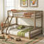 Lit superposé simple au-dessus de grand lit simple en bois massif avec garde-corps et échelle, finition noyer - peu encombrant et convertible-261921004