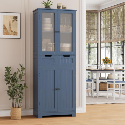 Armoire de rangement de 67 po de hauteur, armoire de rangement autoportante avec porte vitrée et tablettes, garde-manger avec 2 tiroirs pour salle de bain, salon, salle à manger, bleu