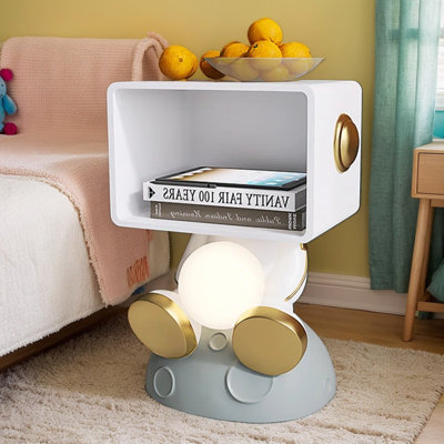 Table de chevet astronaute avec lumière DEL, table d'appoint fantaisiste avec tablette ouverte, table de chevet ou de bout moderne pour chambre à coucher, salon, chambre d'enfant, blanc