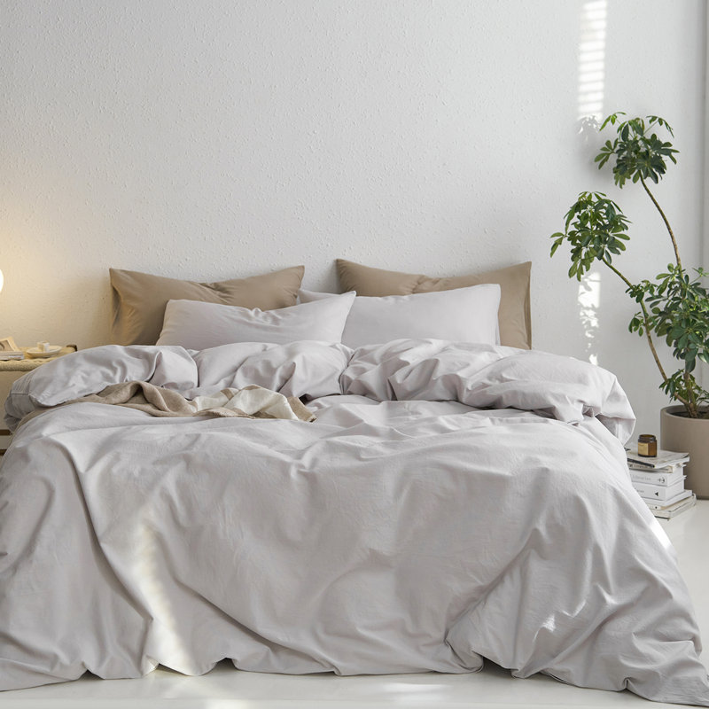 MooMee Duvet Cover Set 100% Washed Cotton Twill Ultra Soft Linen Like Textured, Light Grey