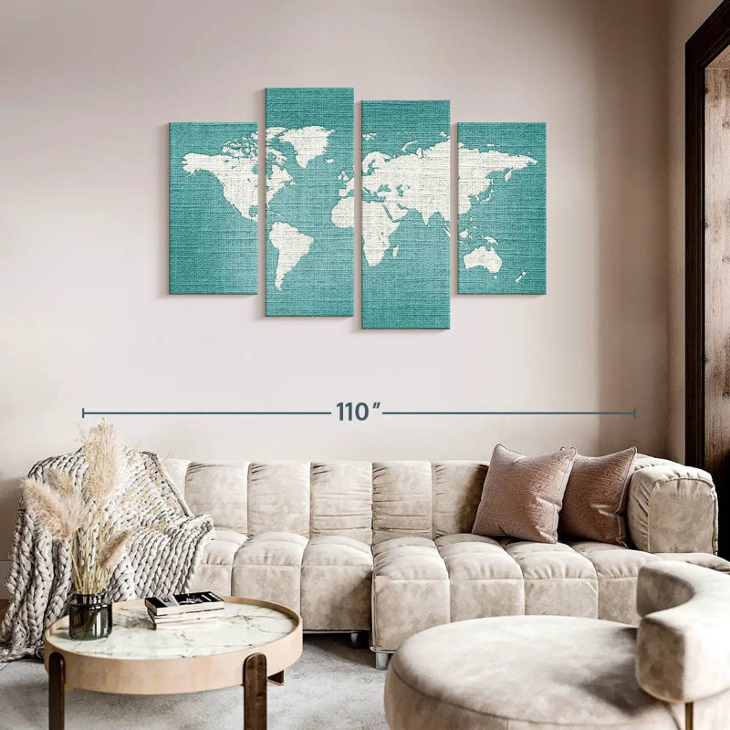 Carte du monde en lin menthe carte du monde 4 pièces, H 75 po x l 48 po x P 1,25 po