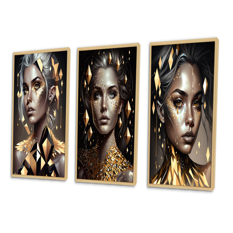 «Radiating Golden Woman», 3 pièces sur toile, Cadre naturel flottant, H 20 po x l 36 po