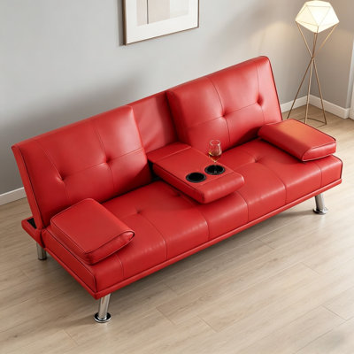 67" PU Leather Futons Sofa Bed With Cup Holder And Adjustable Backrest