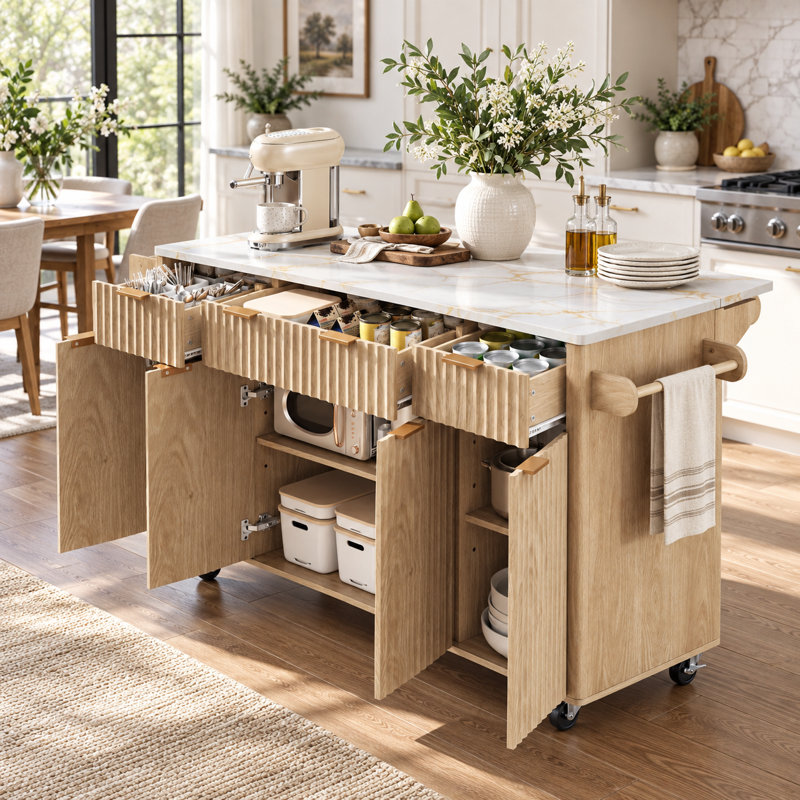 Îlot de cuisine à roulettes cannelé avec rangement, abattant et prise électrique, Brun, H 35,9 po x l 55,5 po x P 28,75 po