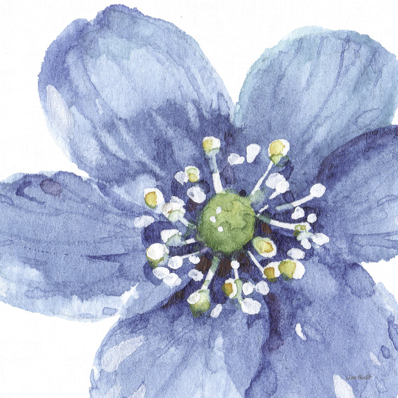 C-00219-Watercolor Blue Flower, Floral, Green, Yellow, On White, 24" H x 48" W x 1.5" D