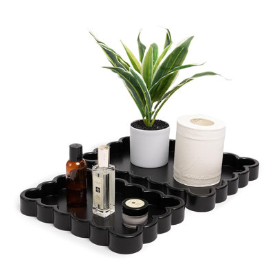 Set Of 2 Black Rectangle MDF Petal-Edge Stackable Trays With Anti-Slip Base