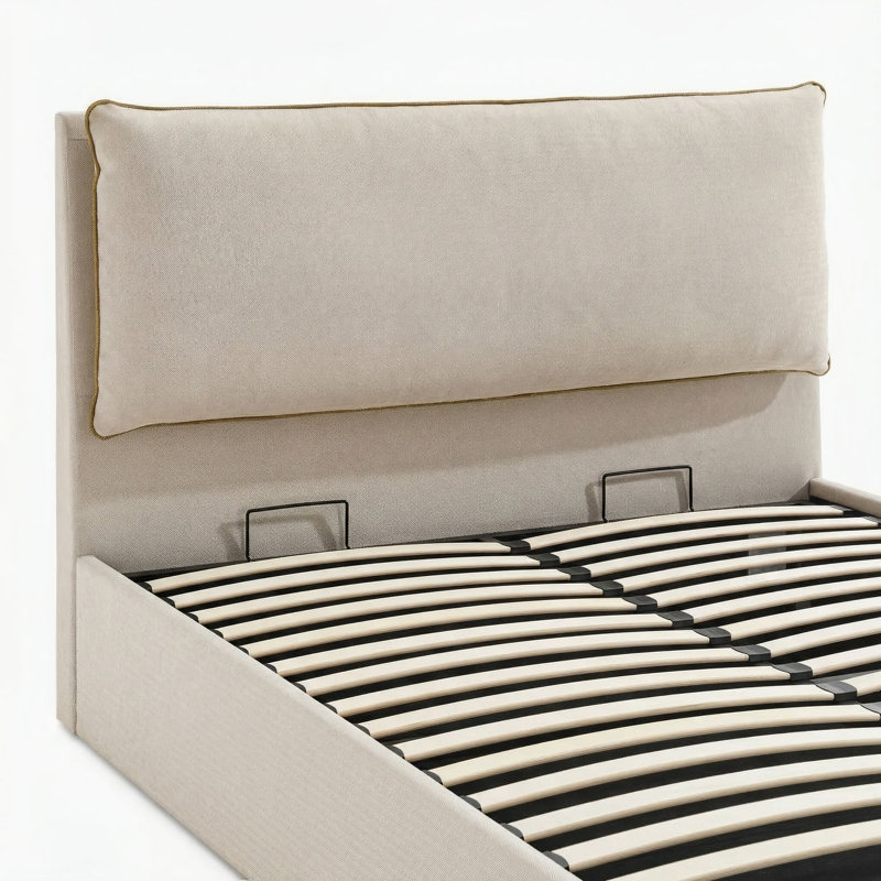 Roselane Upholstered Fabric Ottoman Bed Frame - Pillow Headboard Design        , Cream Fabric, King