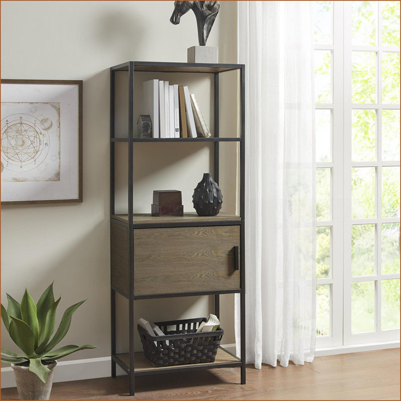 Bibliothèque avec armoire de rangement, structure transitionnelle en métal à 3 tablettes avec placage en bois récupéré gris | Gris | Bois