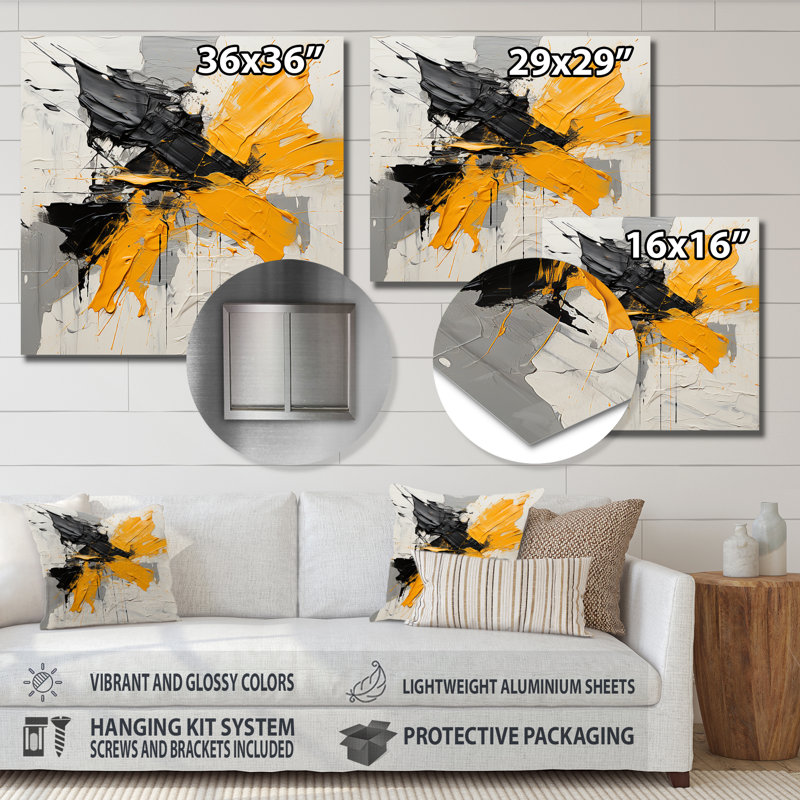 Peinture grise et jaune Elegance III - Collages abstraits, art mural en métal, H 16 po x l 16 po