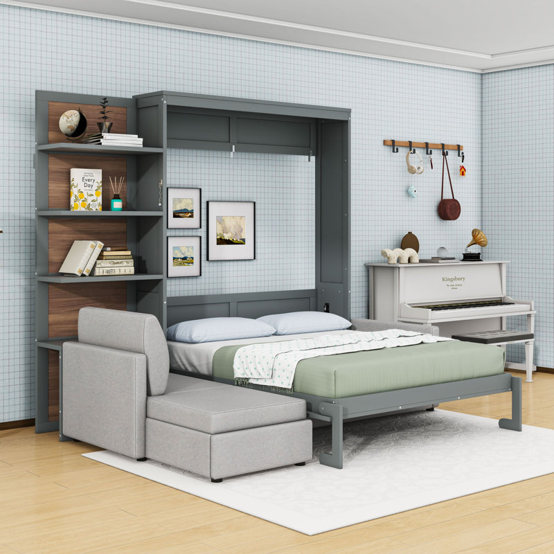 Grand lit escamotable avec canapé et tablettes, gris