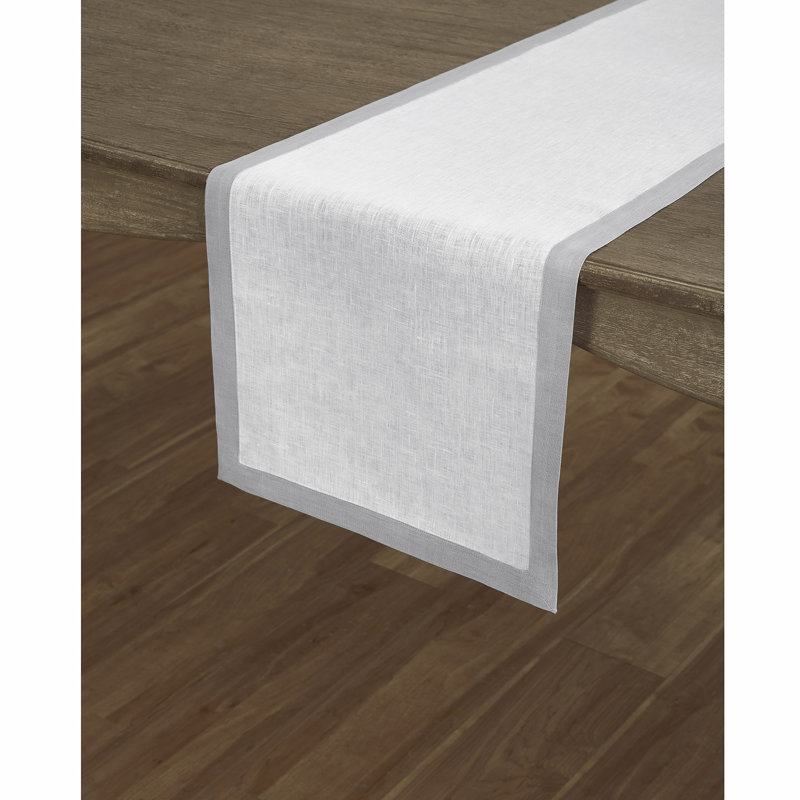 Classic - 100% Pure Linen Table Runner, Narrow Border, 90" x 14", Soft Gray/White