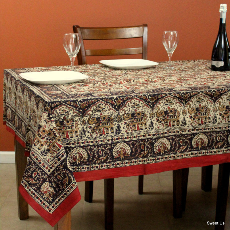 Cotton Floral Tablecloth Rectangle, 104" L x 70" W, Red/Black