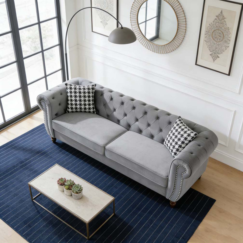 Canapé 87 po en tissu d'ameublement Chesterfield, H 29 po x l 87 po x P 33 po, 3, Gris