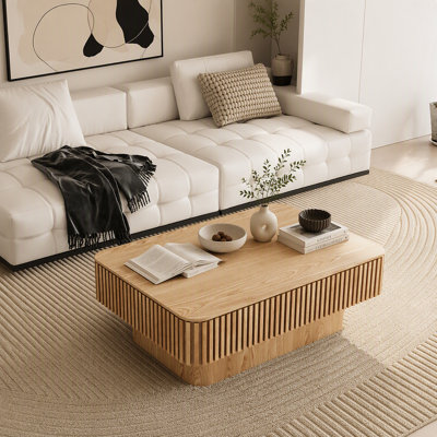 Table basse d'appoint 38,6 po à plateau relevable cannelé en bois massif et table d'appoint moderne avec rangement et hauteur réglable pour salon, chambre à coucher, appartement ou bureau, bois naturel