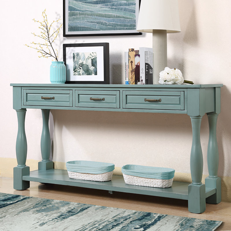63.4" Console Table With Drawers Entryway Table Sofa Table Wood Console Table Entrance Table, Retro Blue