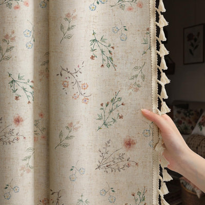 Boho Floral 100% Blackout Curtains for Bedroom 84 Inch Length 2 Panels Set, Linen Texture Farmhouse Curtains Beige Tassel for Living Room Vintage Rustic Patterned Printed Western Rod Pocket