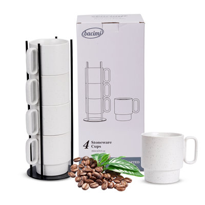 Ensemble de 4 tasses à café empilables faites à la main avec étagère en fil métallique pour cappuccino, café au lait, thé, cacao, boisson chaude 13,5 oz, 400 ml Bacimi