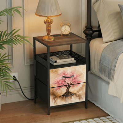 2 Drawers Nightstand with Charging Station, Bedroom Nightstand with USB Ports &amp; Outlets Open Shelf Black, night stand with Blossoming Cherry Tree Watercolor Pink Flowers Ink Style Branches Print