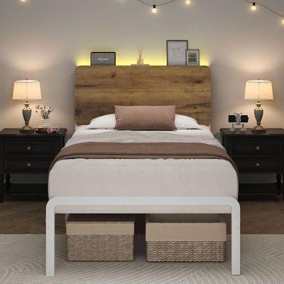 Metal Platform Bed, with LED Storage Headboard