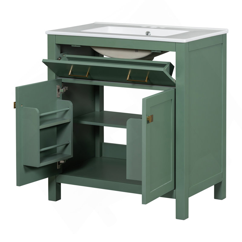 Meuble-lavabo de 30 pouces avec lavabo en céramique, armoire de salle de bain simple verte moderne avec 2 portes et une tablette, portes à fermeture en douceur