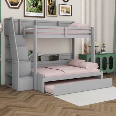 Twin Over Full Bunk Bed With Trundle, Storage Staircase, Solid Wood Bunk Bed With Storage Shelves And USB For Adults