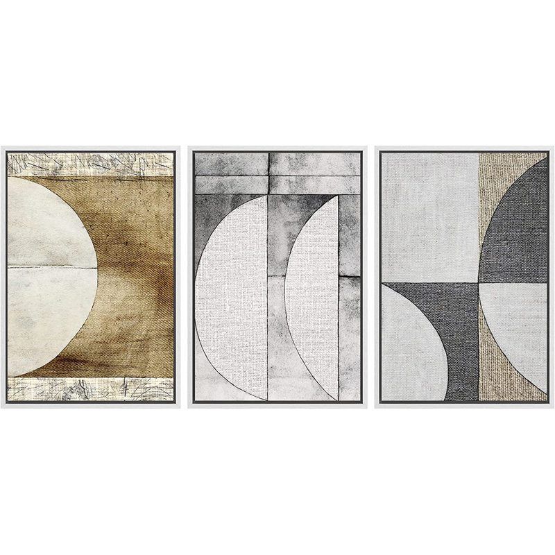 «Mid Century Shape Demi-Circle Polygon Collage», Abstrait, géométrique, illustrations, minimalisme - 3 pièces, cadre flottant, impression sur toile
