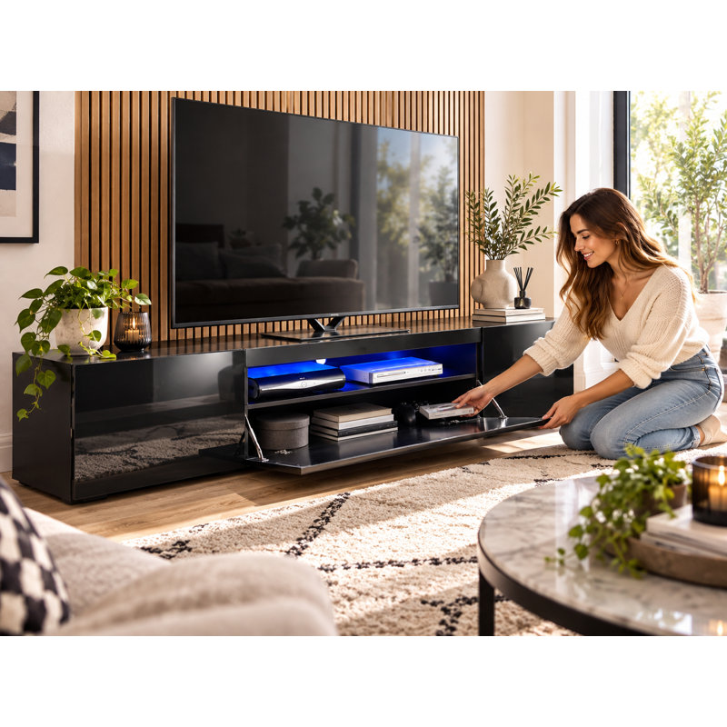 Woodvale 200cm TV Stand Cabinet with Lights for up to 90" TV's, Black