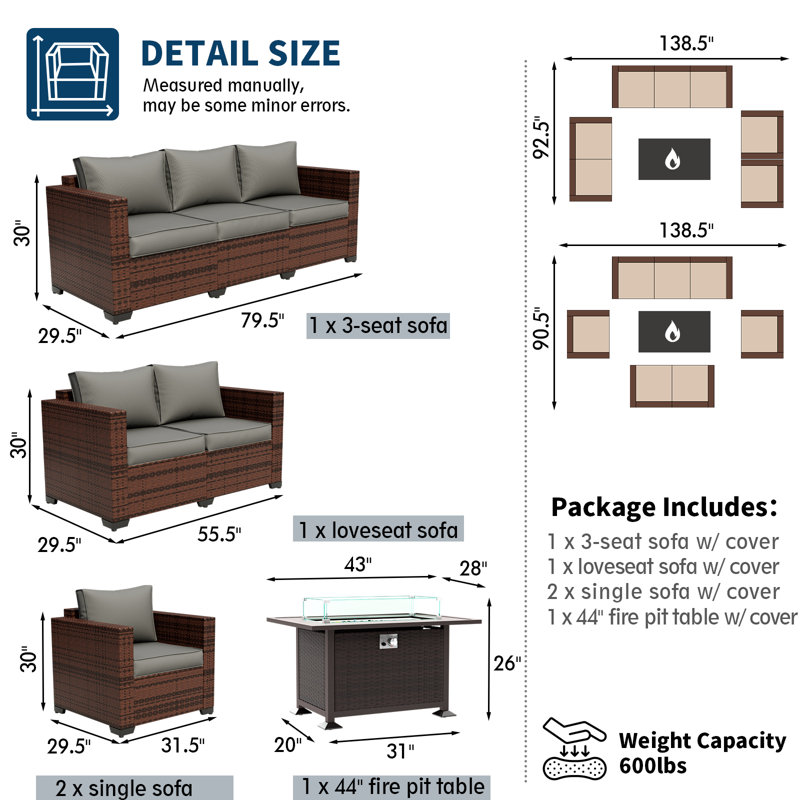 Azoriah 7-Person Wicker Outdoor Seating Group with Fire Pit Table, Gray, 26" H x 43.5" W x 28" D