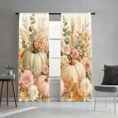 2PCS Whimsical Pumpkin Floral Light Filtering Curtains, Warm Rustic Autumn Harvest Motif, Cozy Farmhouse Home Decor, Rod Pocket Easy-Hang Design, All-Season Window Panels for Living Room, Bedroom
