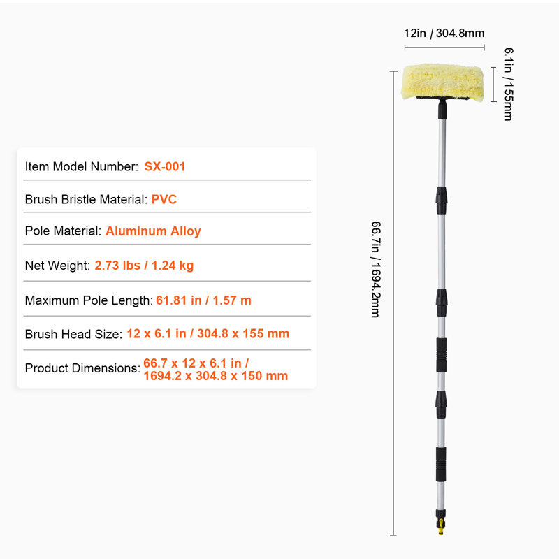 Car Wash Brush 66.7-Inch Car Washing Brush with 12" Soft PVC Bristle Head