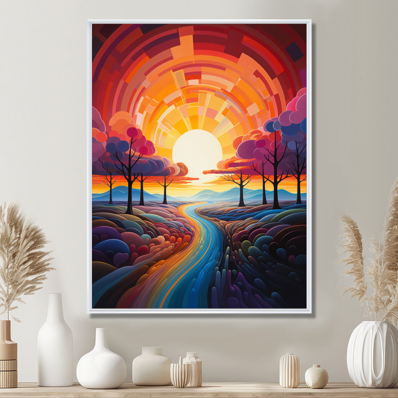 «Geometric Sunset Colorful Country Road - Forest», art mural, Cadre flottant blanc, bois massif, H 20 po x l 12 po