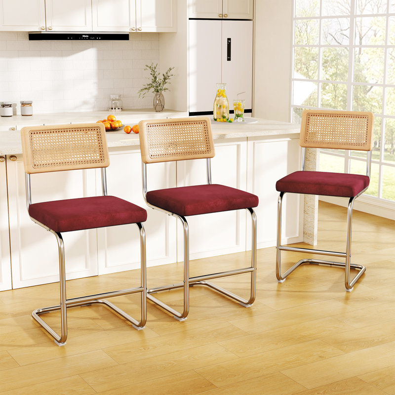 PU Leather Bar Stools With Woven Rattan Back And Metal Legs 1-Pack, Red Seat/Silver Frame