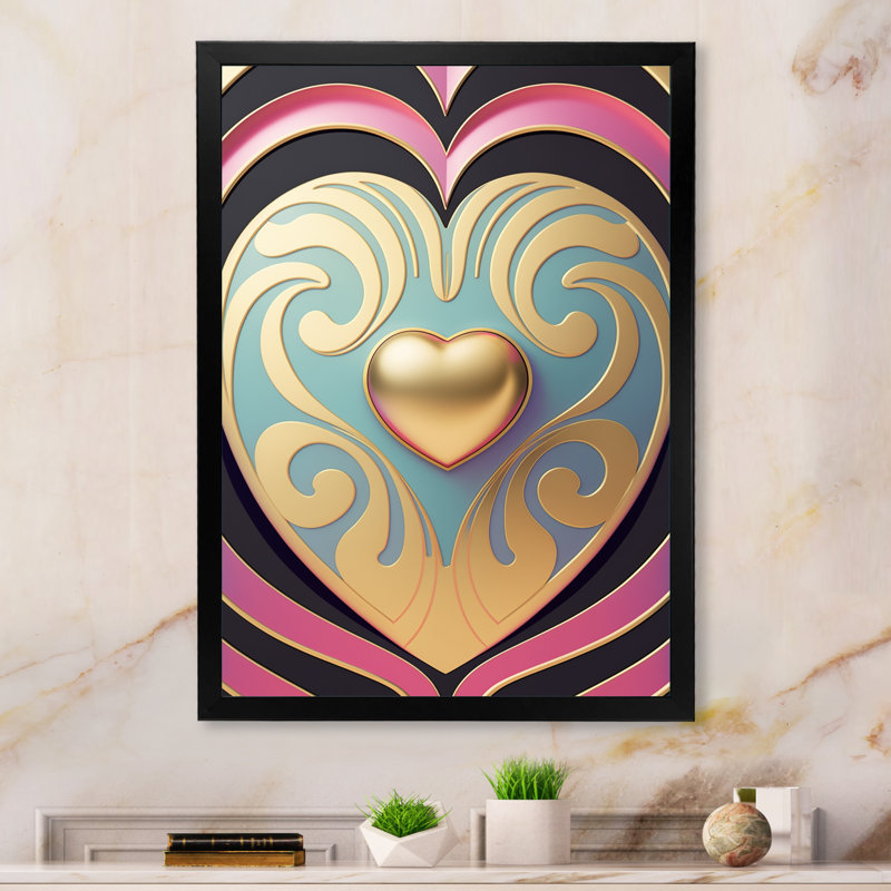 «Shining Contemporary Gold Heart V», reproduction sur toile, H 44 po x l 34 po x P 1 po, Impression noire sur toile encadrée