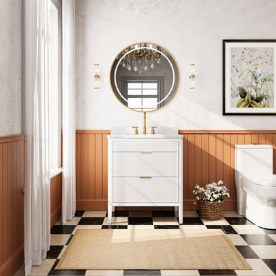 White 30'' Freestanding Single Sink Vanity For Bathroom, Solid Wood, Engineered Marble, Drawers, Fully Assembled White, Assembled, Waterproof Paint